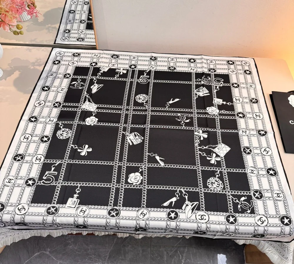 Chanel Chain & CC Logo Silk Scarf (Black & White)